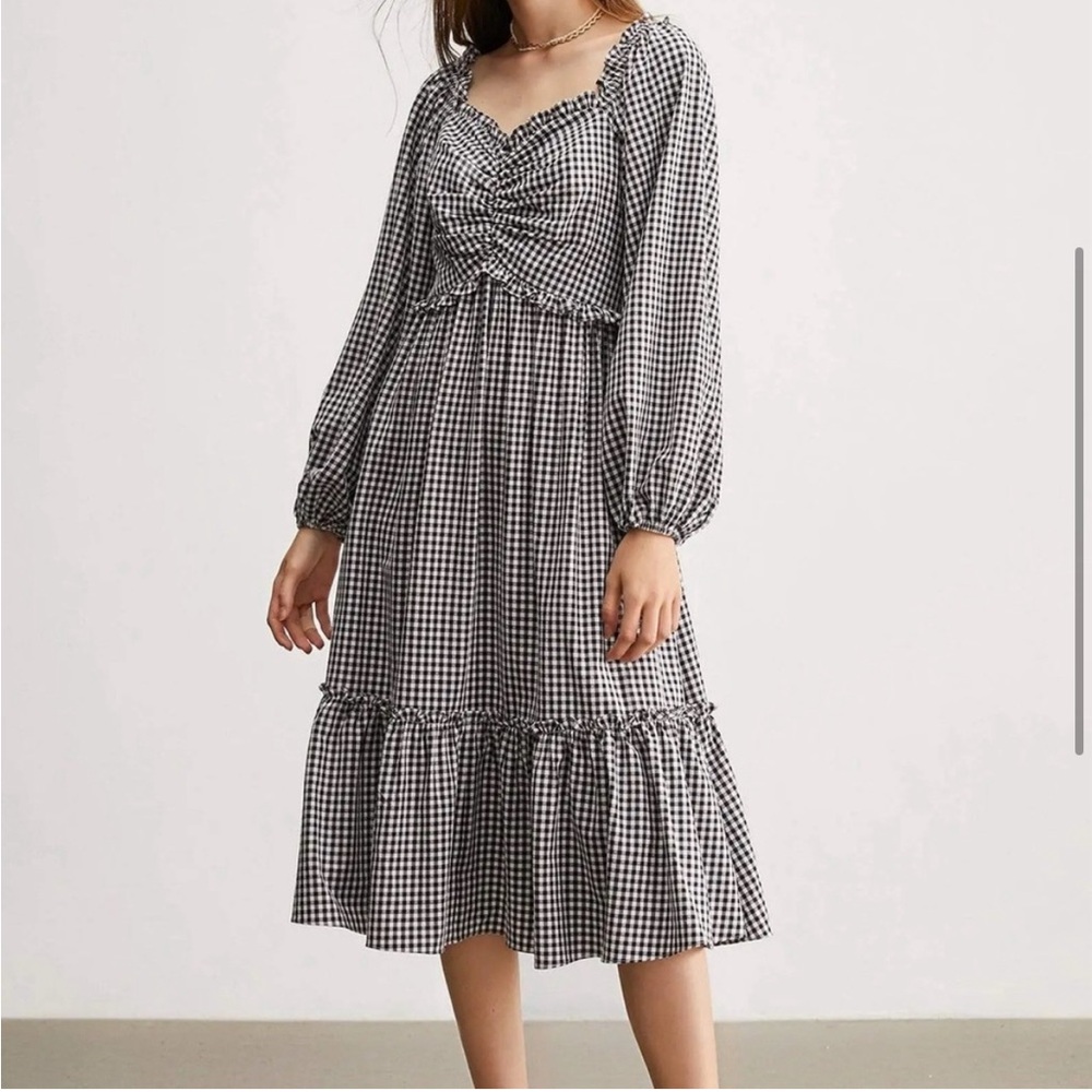J.ING Gingham Puff Long Sleeve Dress with Sweetheart Neckline and Ruffles